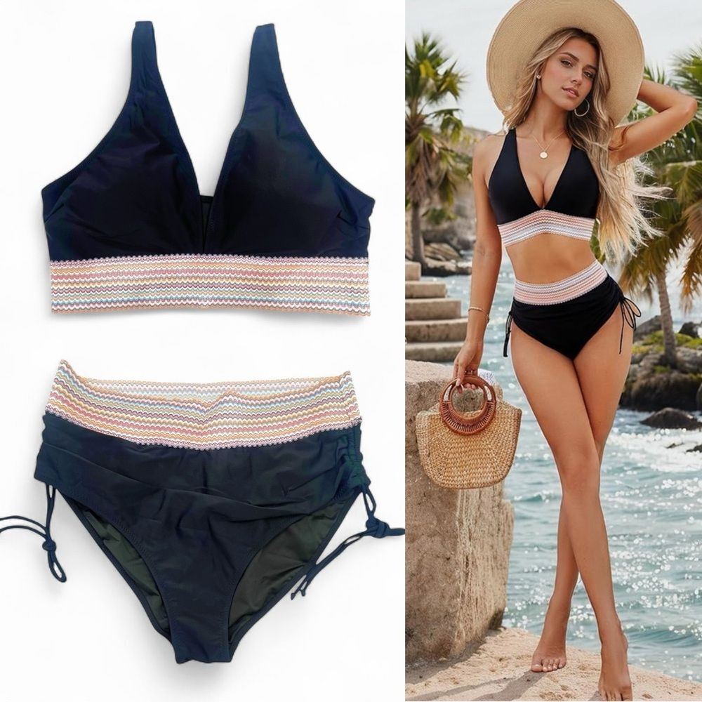 NWT Blooming Jelly Bikini Set Size XL Black High Waist Swimsuit Retro Stretch
